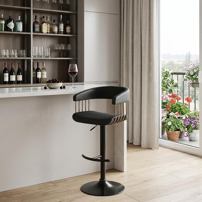 Black Faux Leather And Fabric And Metal Adjustable Height Swivel Bar Chair HomeRoots