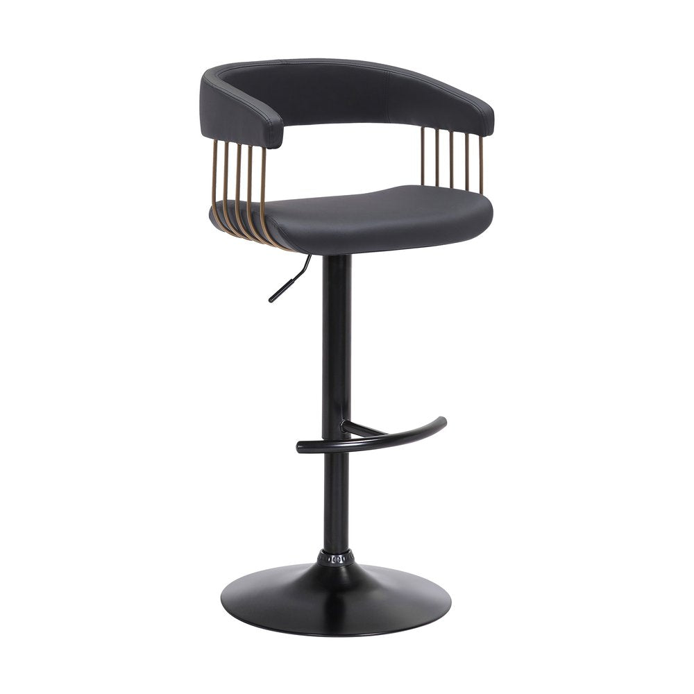 Black Faux Leather And Fabric And Metal Adjustable Height Swivel Bar Chair HomeRoots