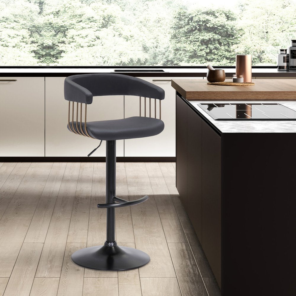 Black Faux Leather And Fabric And Metal Adjustable Height Swivel Bar Chair HomeRoots