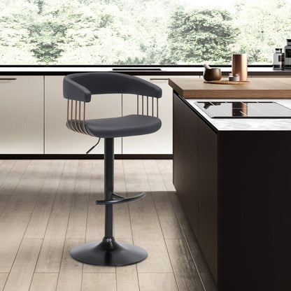Black Faux Leather And Fabric And Metal Adjustable Height Swivel Bar Chair HomeRoots