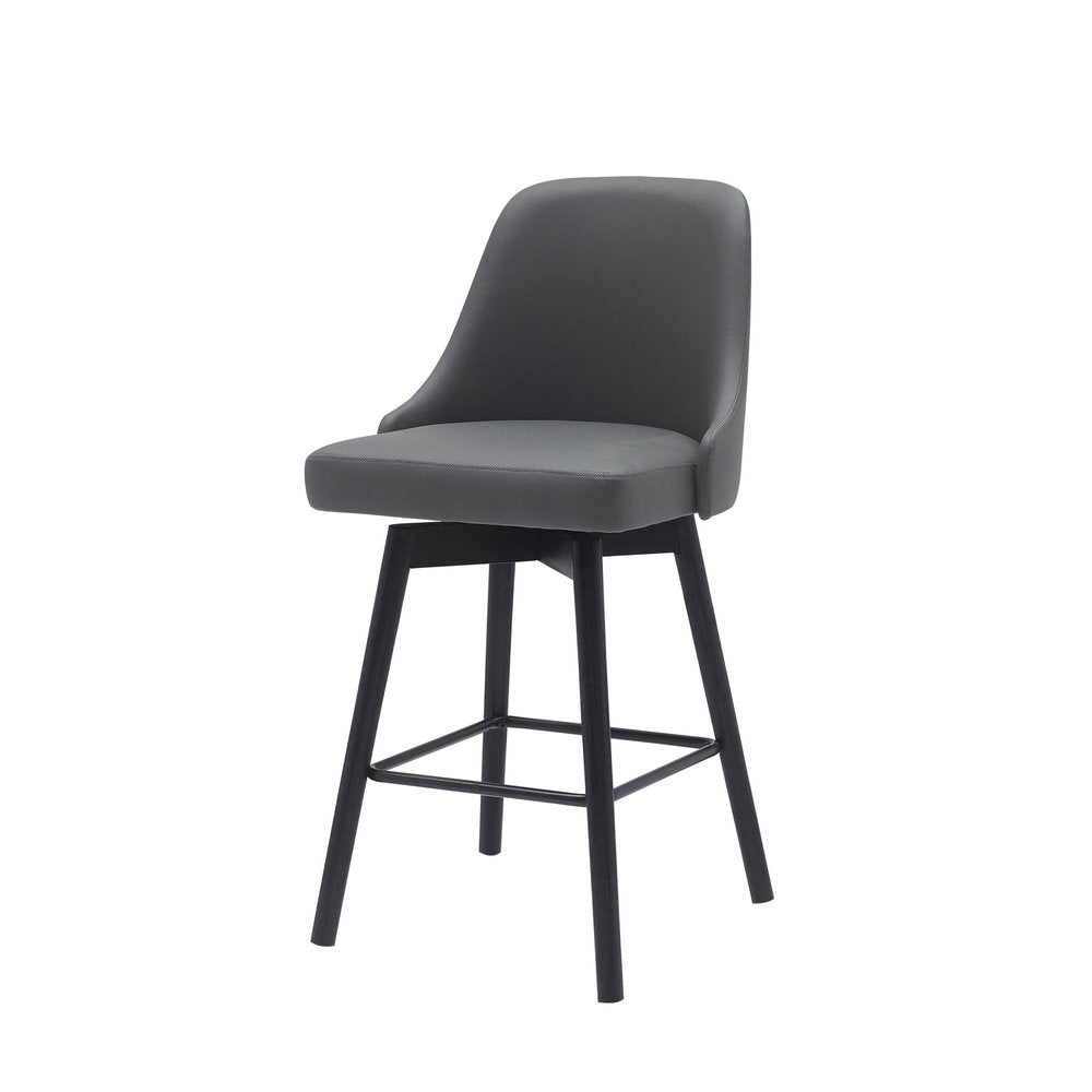 26" Gray And Black Faux Leather And Fabric And Solid Wood Counter Height Swivel Bar Chair HomeRoots