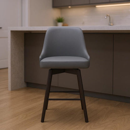 26" Gray And Black Faux Leather And Fabric And Solid Wood Counter Height Swivel Bar Chair HomeRoots