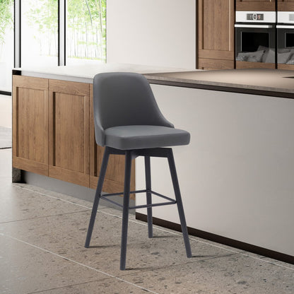26" Gray And Black Faux Leather And Fabric And Solid Wood Counter Height Swivel Bar Chair HomeRoots