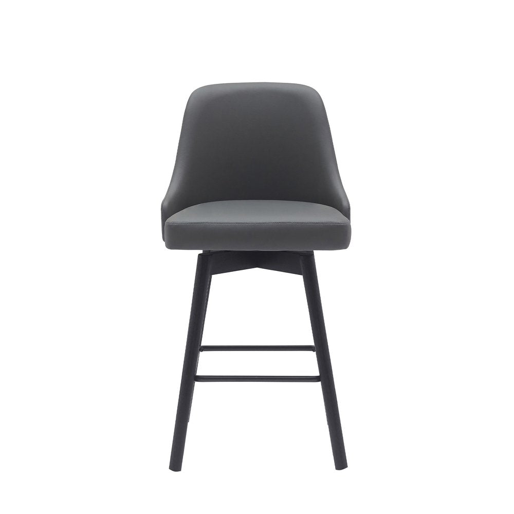 26" Gray And Black Faux Leather And Fabric And Solid Wood Counter Height Swivel Bar Chair HomeRoots