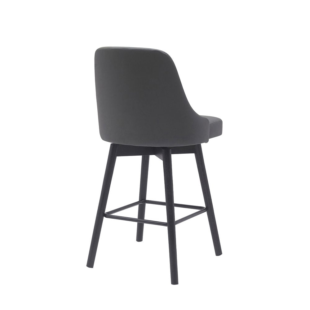 26" Gray And Black Faux Leather And Fabric And Solid Wood Counter Height Swivel Bar Chair HomeRoots