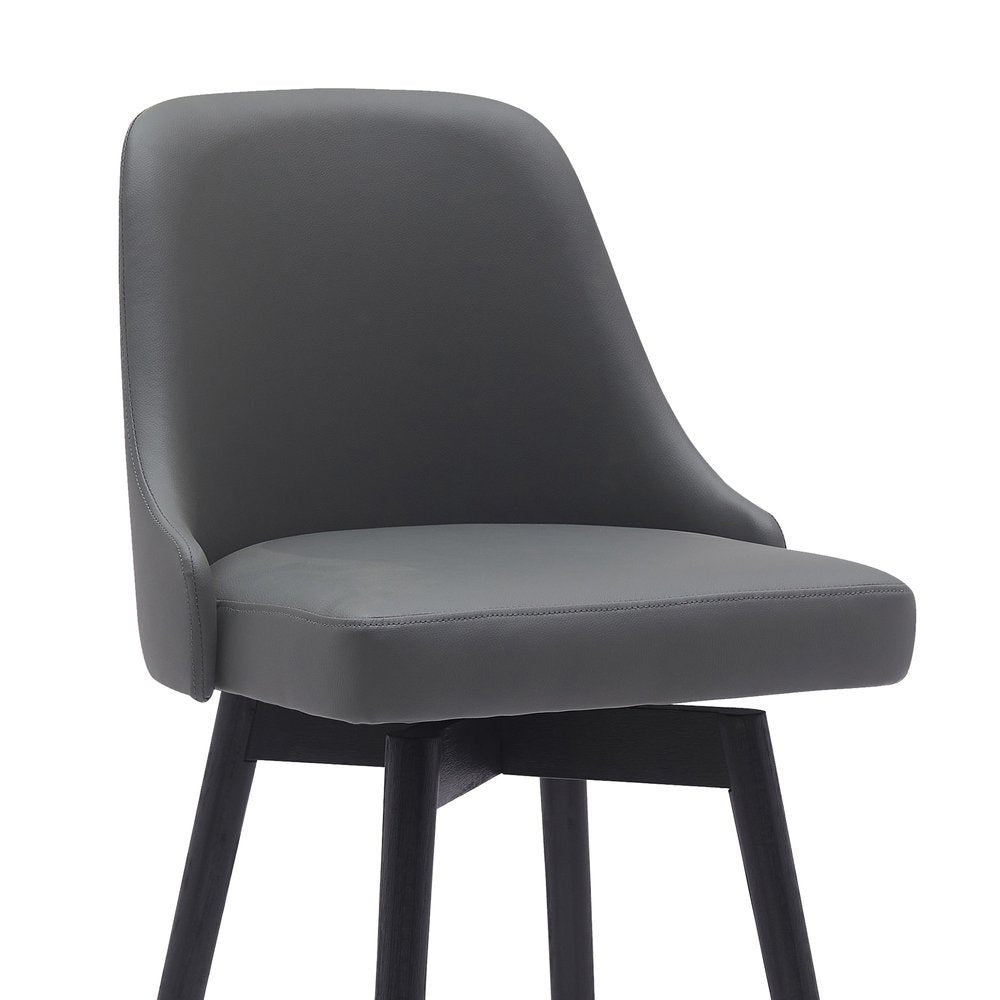 26" Gray And Black Faux Leather And Fabric And Solid Wood Counter Height Swivel Bar Chair HomeRoots
