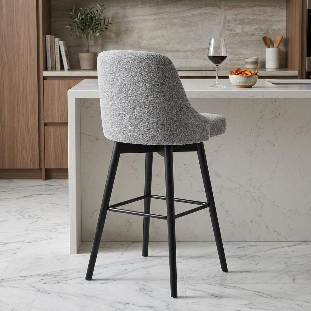 26" Light Gray And Black Fabric And Solid Wood Counter Height Swivel Bar Chair HomeRoots
