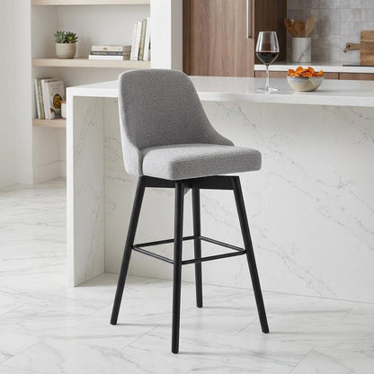 26" Light Gray And Black Fabric And Solid Wood Counter Height Swivel Bar Chair HomeRoots