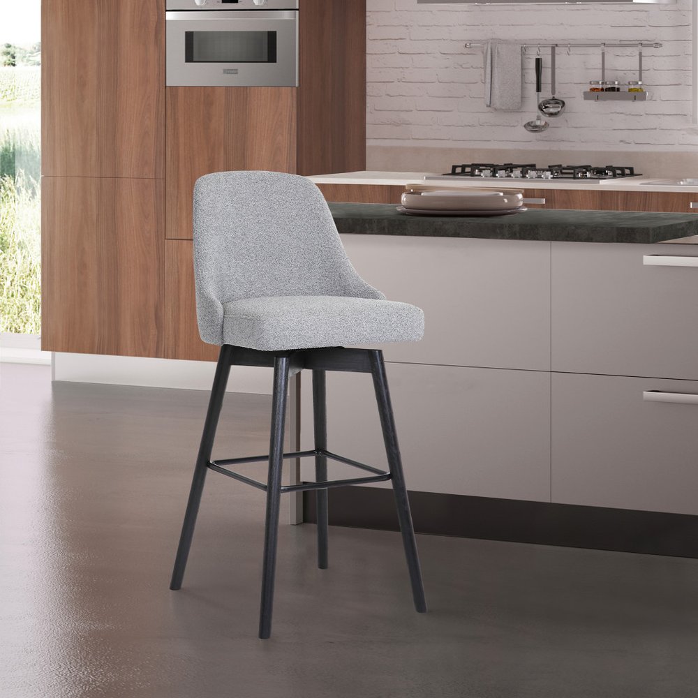26" Light Gray And Black Fabric And Solid Wood Counter Height Swivel Bar Chair HomeRoots