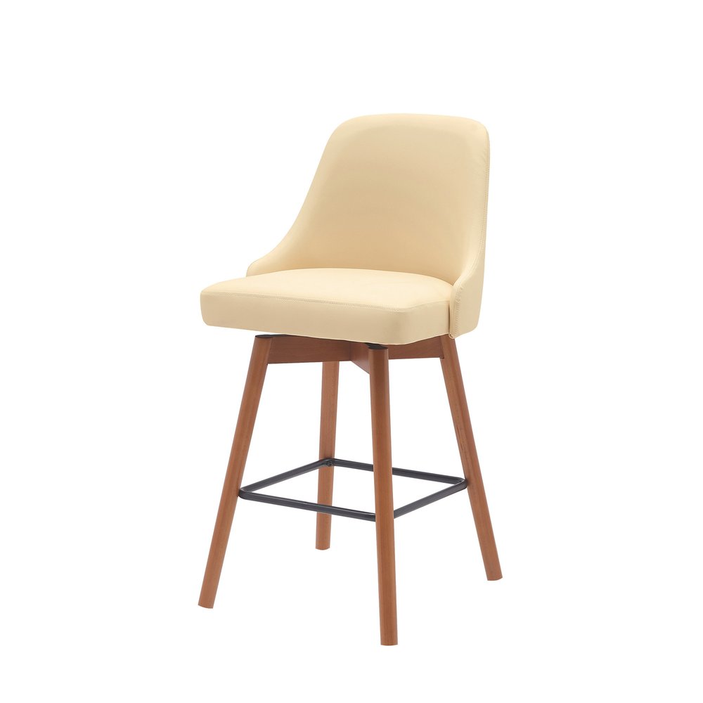26" Cream And Brown Faux Leather And Fabric And Solid Wood Counter Height Swivel Bar Chair HomeRoots