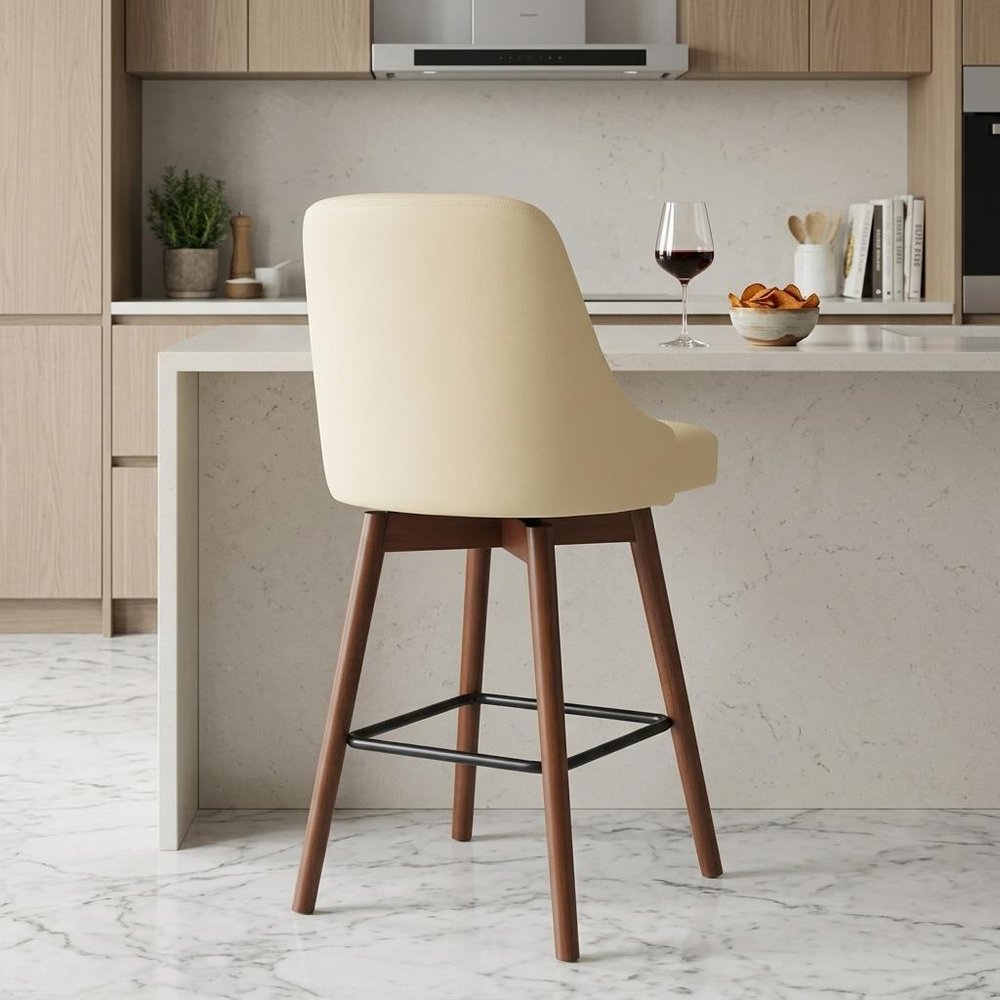26" Cream And Brown Faux Leather And Fabric And Solid Wood Counter Height Swivel Bar Chair HomeRoots