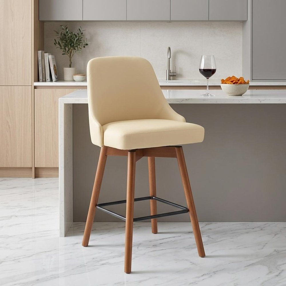 26" Cream And Brown Faux Leather And Fabric And Solid Wood Counter Height Swivel Bar Chair HomeRoots