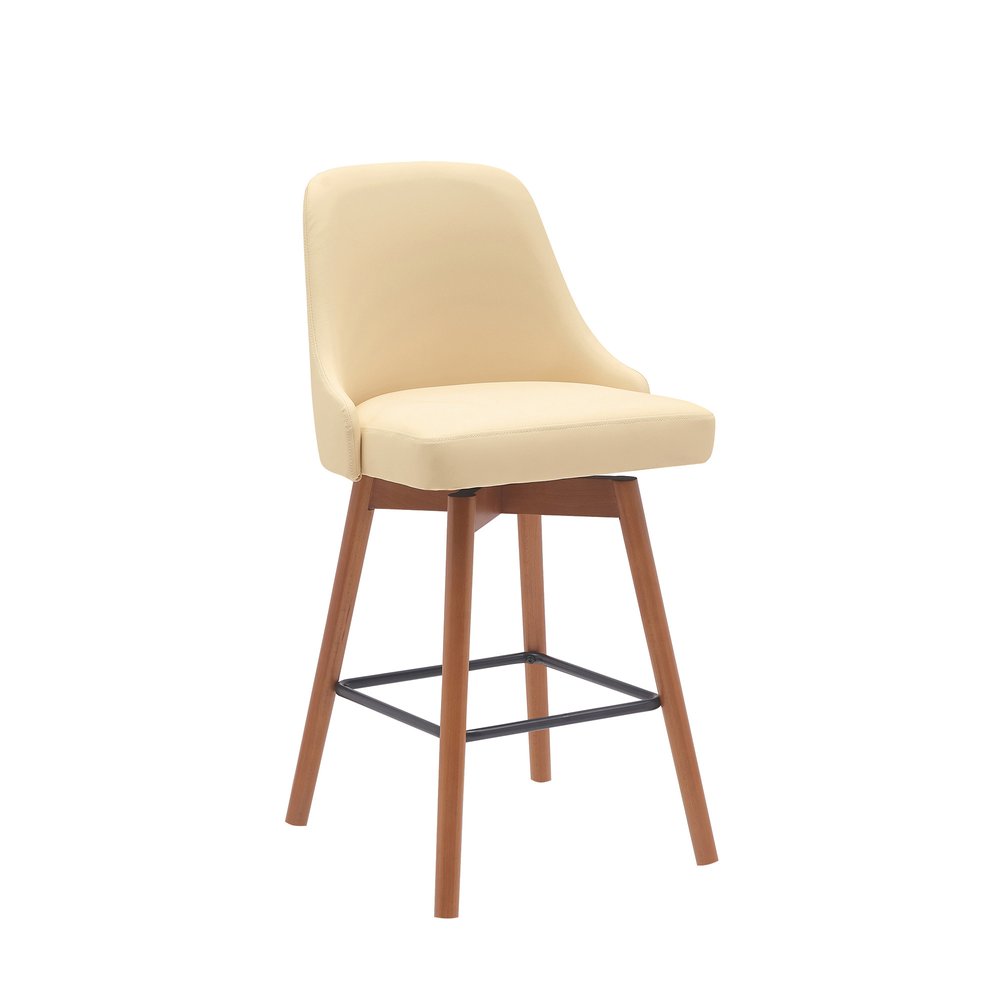 26" Cream And Brown Faux Leather And Fabric And Solid Wood Counter Height Swivel Bar Chair HomeRoots