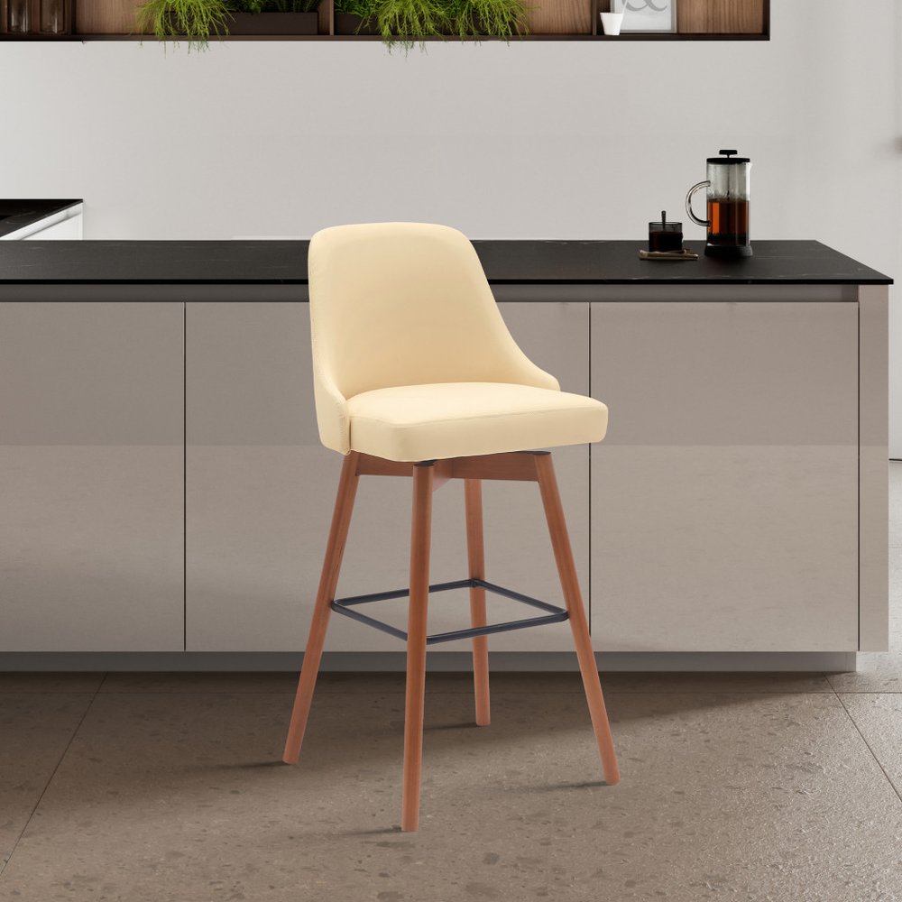 26" Cream And Brown Faux Leather And Fabric And Solid Wood Counter Height Swivel Bar Chair HomeRoots
