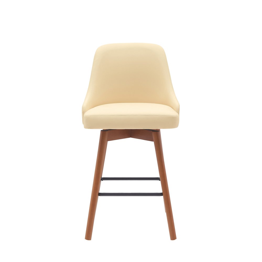 26" Cream And Brown Faux Leather And Fabric And Solid Wood Counter Height Swivel Bar Chair HomeRoots