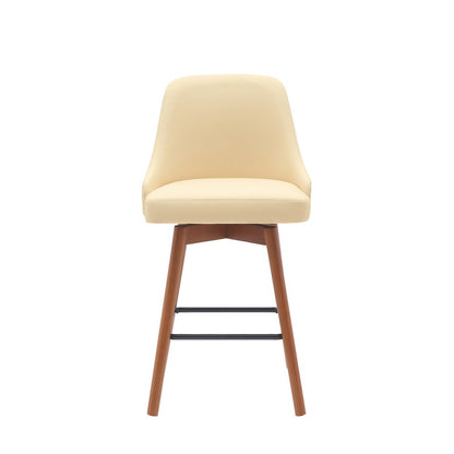 26" Cream And Brown Faux Leather And Fabric And Solid Wood Counter Height Swivel Bar Chair HomeRoots