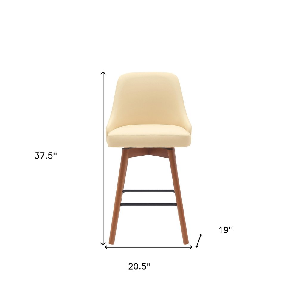 26" Cream And Brown Faux Leather And Fabric And Solid Wood Counter Height Swivel Bar Chair HomeRoots