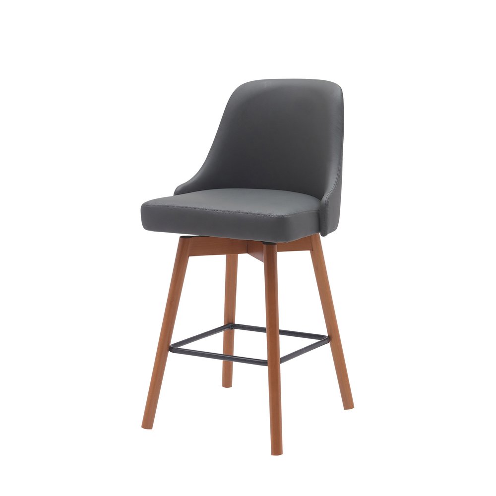 26" Gray And Brown Faux Leather And Fabric And Solid Wood Counter Height Swivel Bar Chair HomeRoots