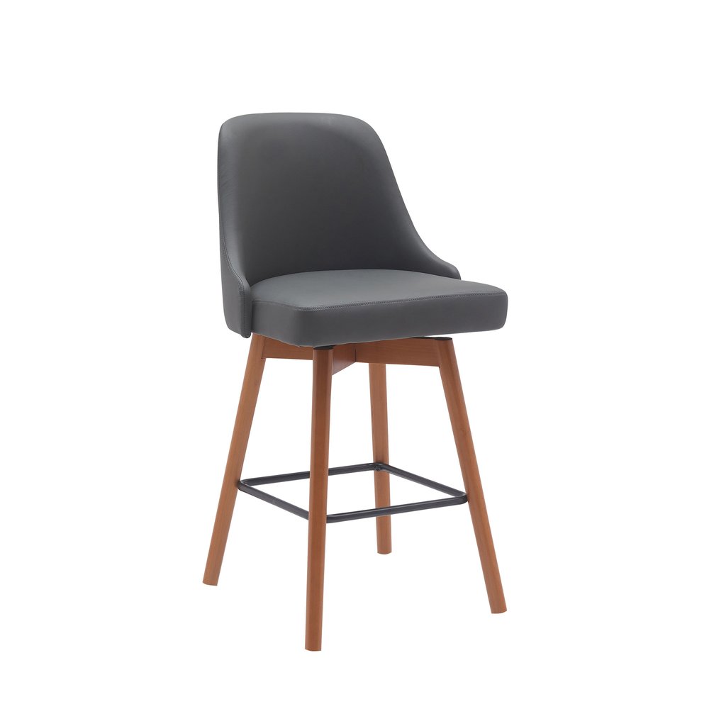26" Gray And Brown Faux Leather And Fabric And Solid Wood Counter Height Swivel Bar Chair HomeRoots