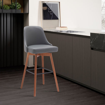 26" Gray And Brown Faux Leather And Fabric And Solid Wood Counter Height Swivel Bar Chair HomeRoots