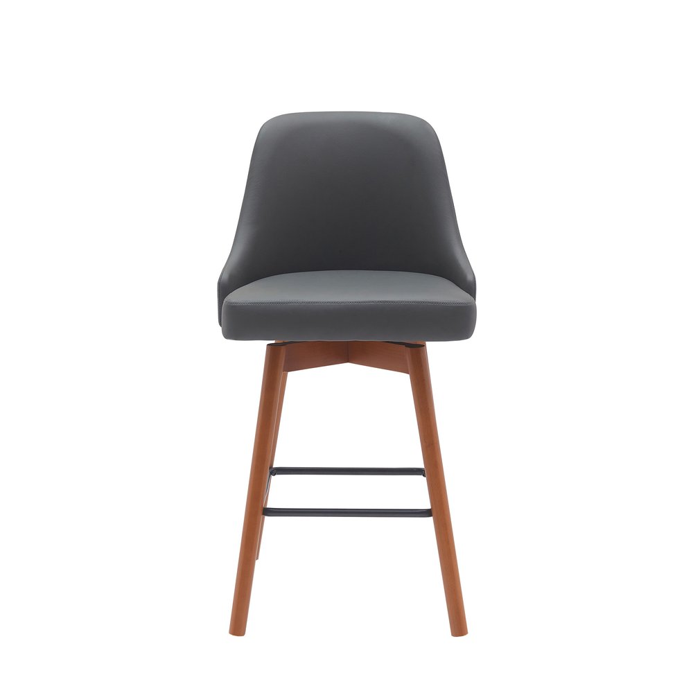 26" Gray And Brown Faux Leather And Fabric And Solid Wood Counter Height Swivel Bar Chair HomeRoots