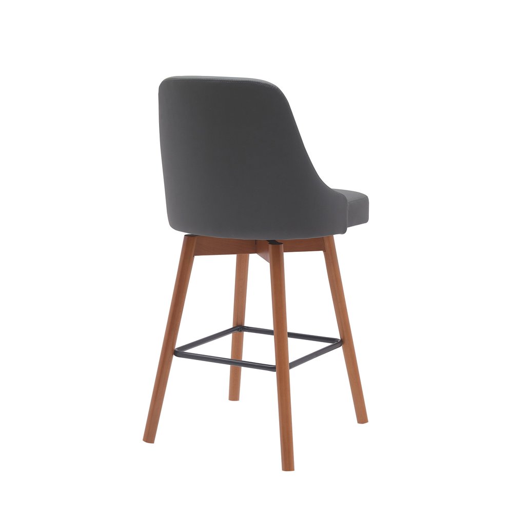 26" Gray And Brown Faux Leather And Fabric And Solid Wood Counter Height Swivel Bar Chair HomeRoots