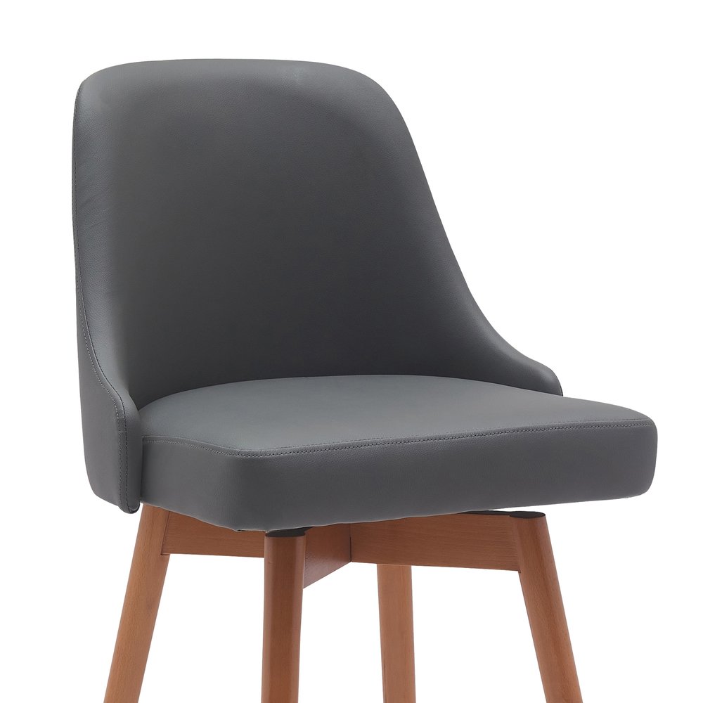 26" Gray And Brown Faux Leather And Fabric And Solid Wood Counter Height Swivel Bar Chair HomeRoots