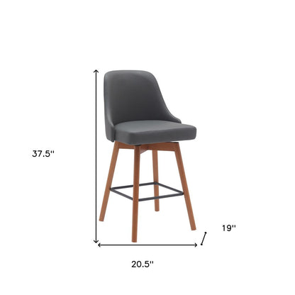 26" Gray And Brown Faux Leather And Fabric And Solid Wood Counter Height Swivel Bar Chair HomeRoots