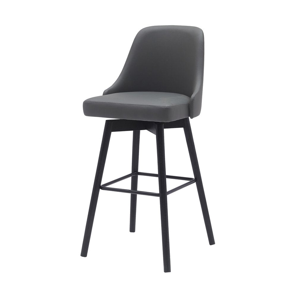 30" Gray And Black Faux Leather And Fabric And Solid Wood Bar Height Swivel Bar Chair HomeRoots
