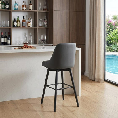 30" Gray And Black Faux Leather And Fabric And Solid Wood Bar Height Swivel Bar Chair HomeRoots