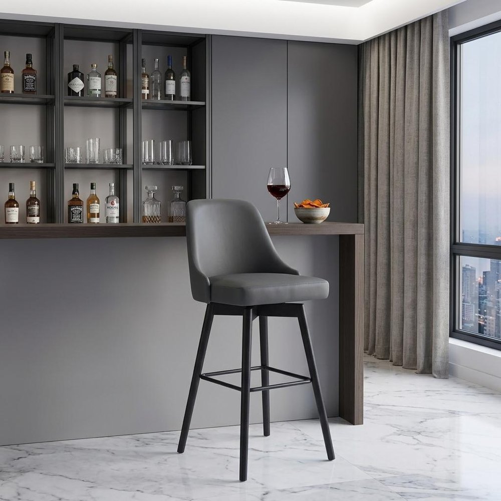 30" Gray And Black Faux Leather And Fabric And Solid Wood Bar Height Swivel Bar Chair HomeRoots