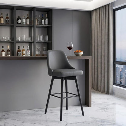 30" Gray And Black Faux Leather And Fabric And Solid Wood Bar Height Swivel Bar Chair HomeRoots