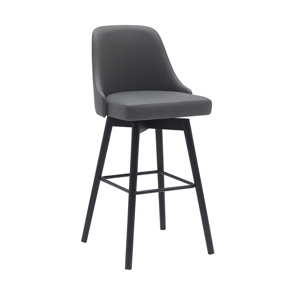 30" Gray And Black Faux Leather And Fabric And Solid Wood Bar Height Swivel Bar Chair HomeRoots