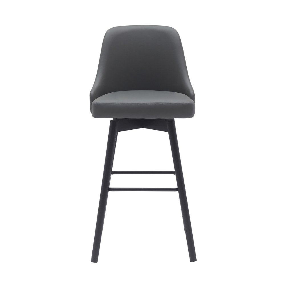 30" Gray And Black Faux Leather And Fabric And Solid Wood Bar Height Swivel Bar Chair HomeRoots