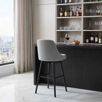 30" Light Gray And Black Fabric And Solid Wood Bar Height Swivel Bar Chair HomeRoots