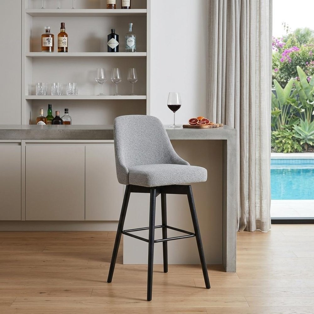 30" Light Gray And Black Fabric And Solid Wood Bar Height Swivel Bar Chair HomeRoots