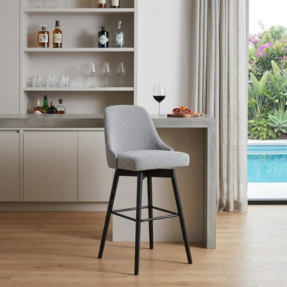 30" Light Gray And Black Fabric And Solid Wood Bar Height Swivel Bar Chair HomeRoots