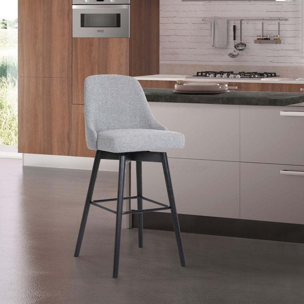 30" Light Gray And Black Fabric And Solid Wood Bar Height Swivel Bar Chair HomeRoots