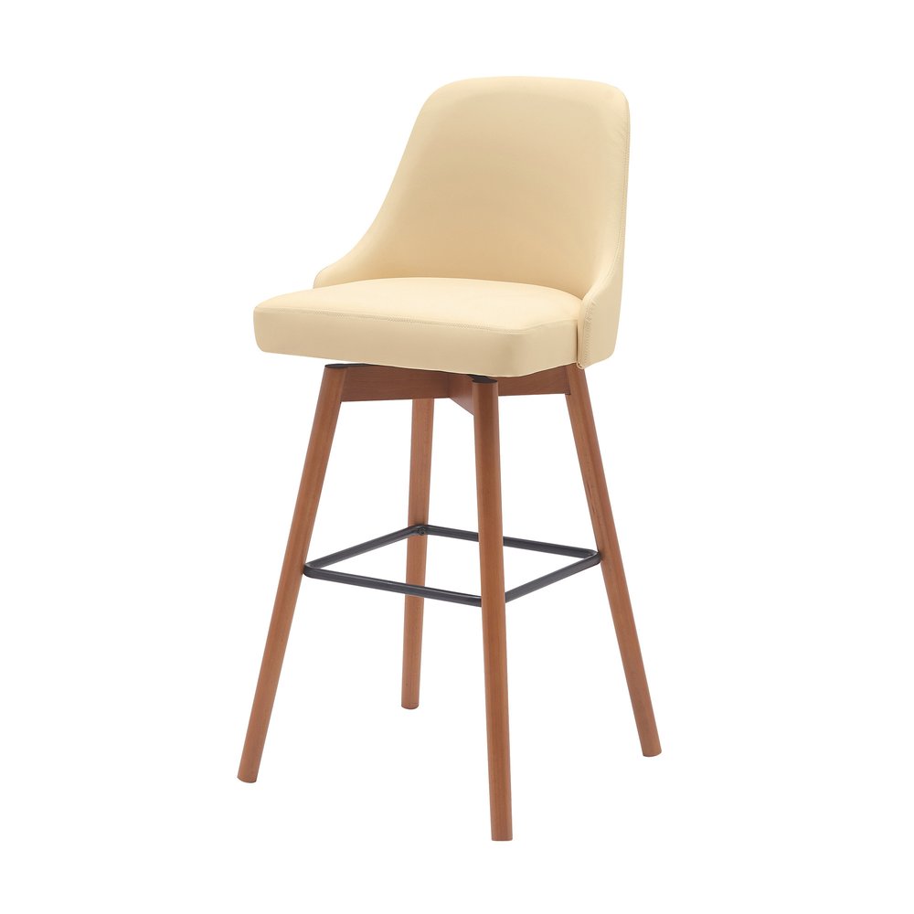 30" Cream And Brown Faux Leather And Fabric And Solid Wood Bar Height Swivel Bar Chair HomeRoots