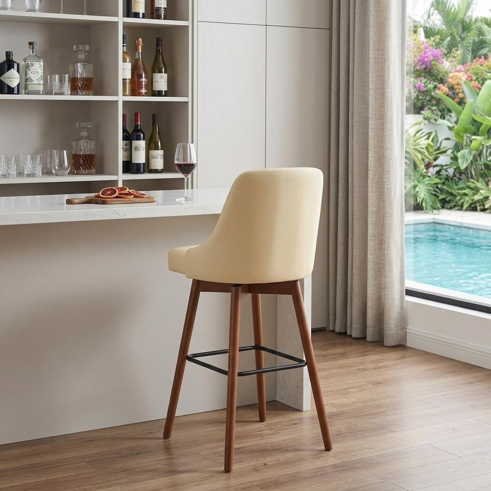 30" Cream And Brown Faux Leather And Fabric And Solid Wood Bar Height Swivel Bar Chair HomeRoots