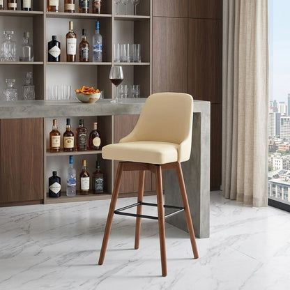 30" Cream And Brown Faux Leather And Fabric And Solid Wood Bar Height Swivel Bar Chair HomeRoots