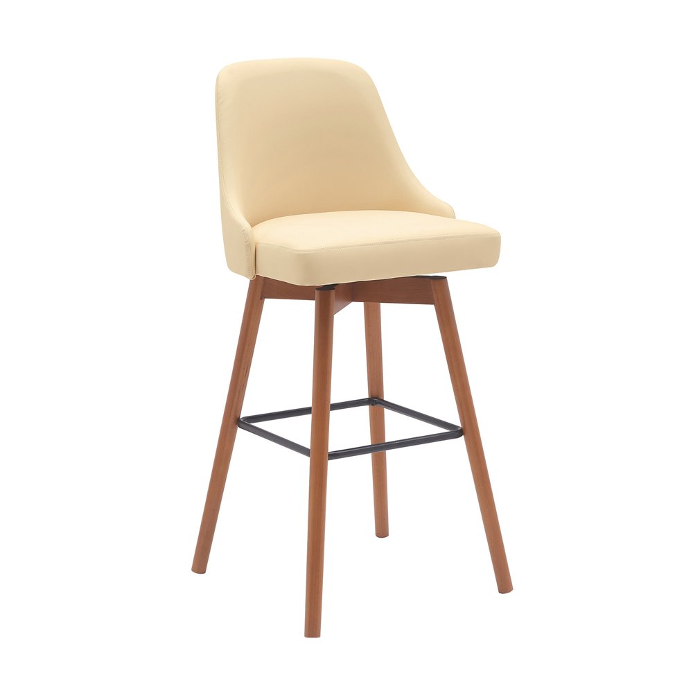 30" Cream And Brown Faux Leather And Fabric And Solid Wood Bar Height Swivel Bar Chair HomeRoots