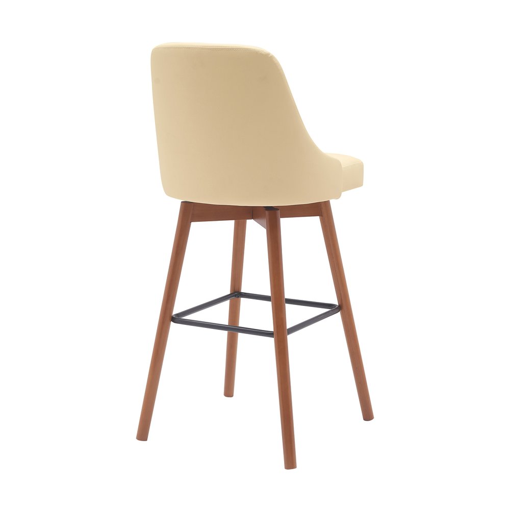 30" Cream And Brown Faux Leather And Fabric And Solid Wood Bar Height Swivel Bar Chair HomeRoots
