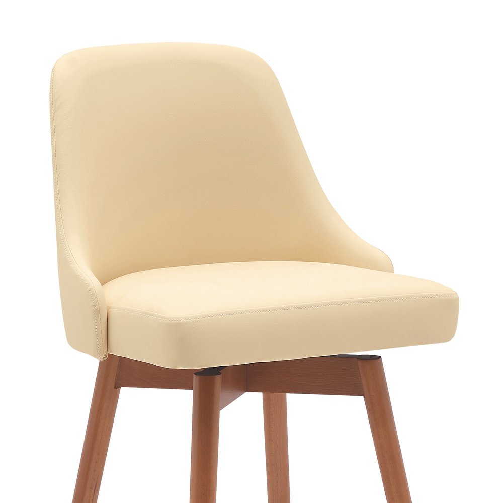 30" Cream And Brown Faux Leather And Fabric And Solid Wood Bar Height Swivel Bar Chair HomeRoots