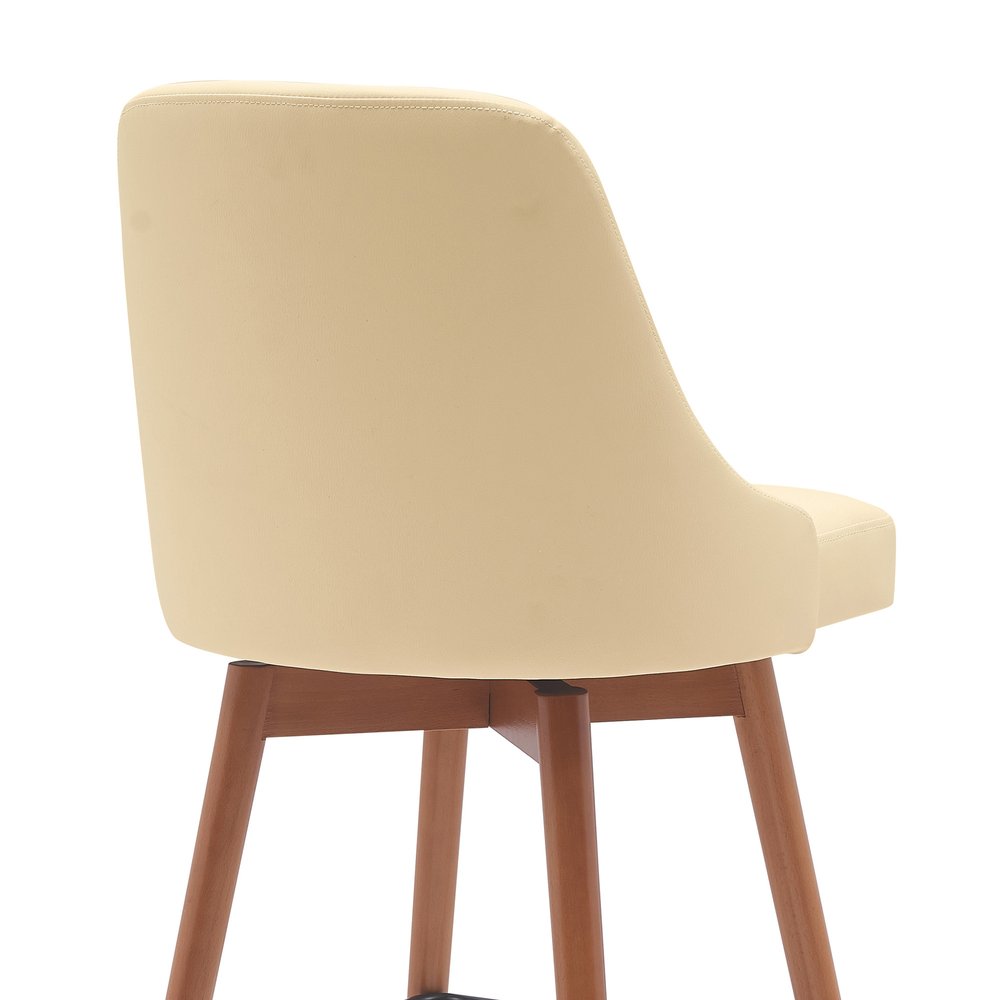 30" Cream And Brown Faux Leather And Fabric And Solid Wood Bar Height Swivel Bar Chair HomeRoots