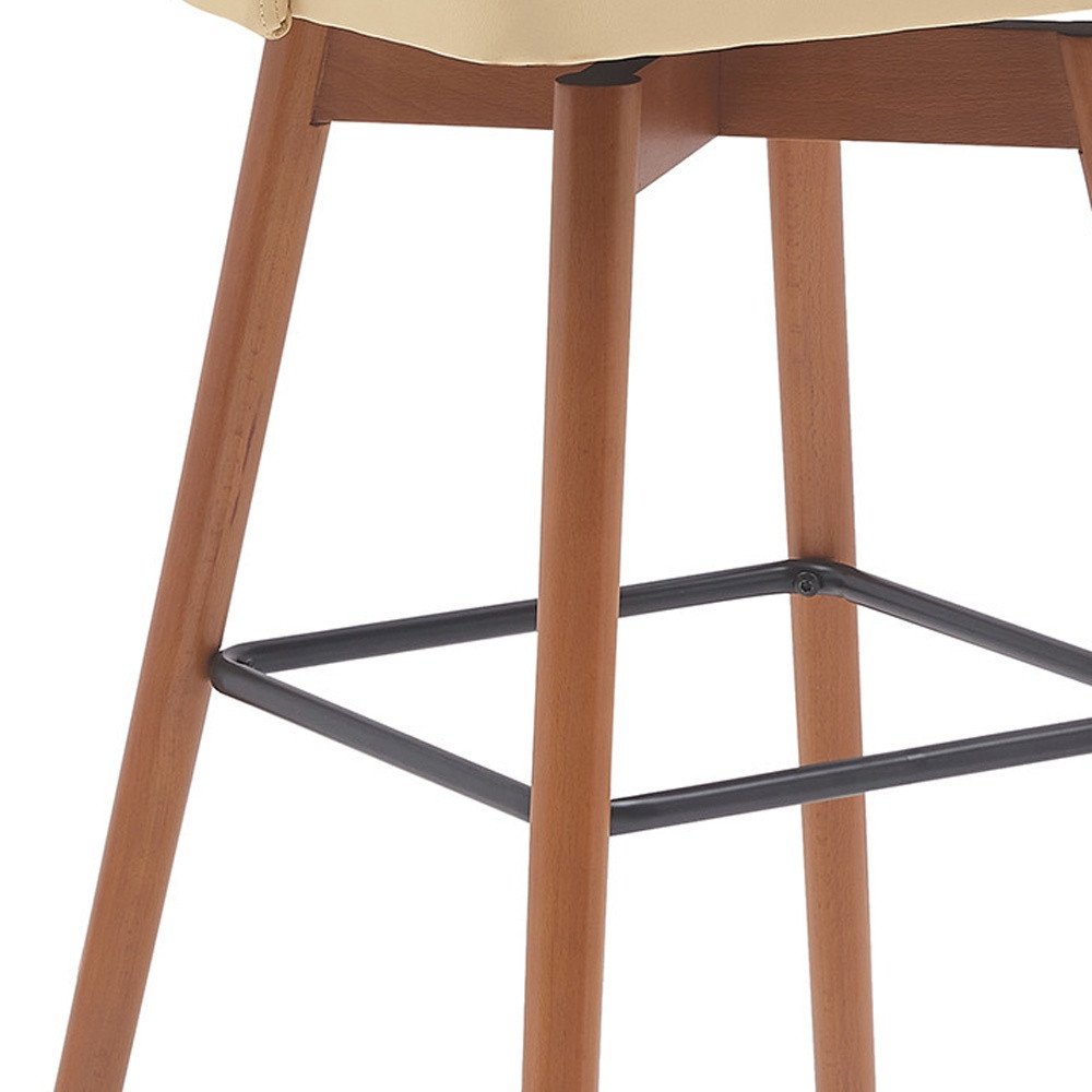 30" Cream And Brown Faux Leather And Fabric And Solid Wood Bar Height Swivel Bar Chair HomeRoots