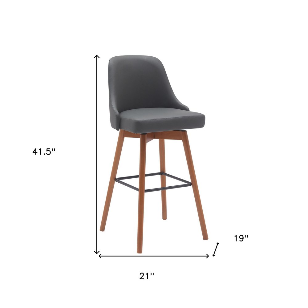 30" Gray And Brown Faux Leather And Fabric And Solid Wood Bar Height Swivel Bar Chair HomeRoots