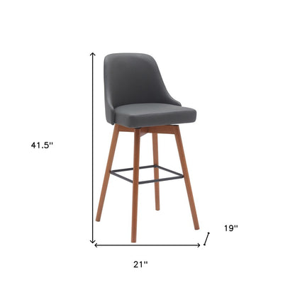 30" Gray And Brown Faux Leather And Fabric And Solid Wood Bar Height Swivel Bar Chair HomeRoots