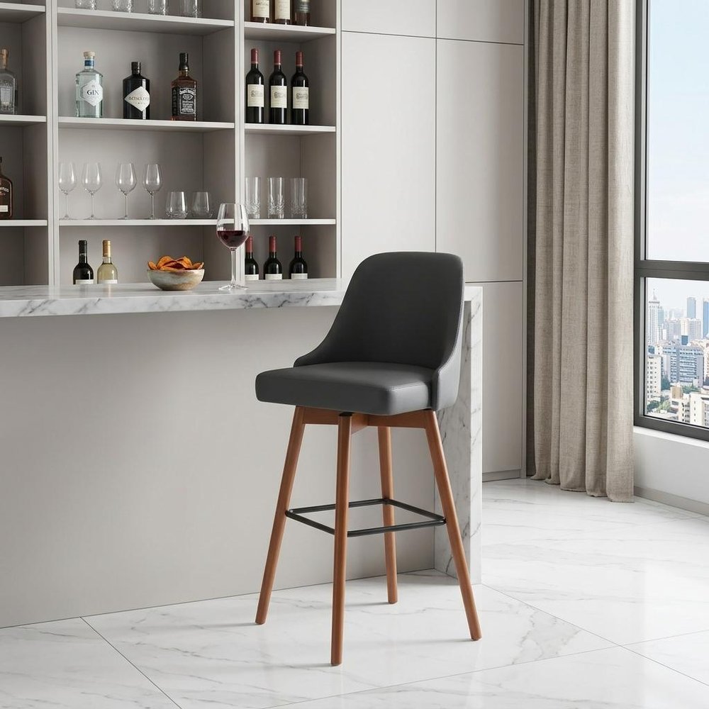 30" Gray And Brown Faux Leather And Fabric And Solid Wood Bar Height Swivel Bar Chair HomeRoots