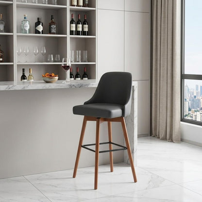 30" Gray And Brown Faux Leather And Fabric And Solid Wood Bar Height Swivel Bar Chair HomeRoots